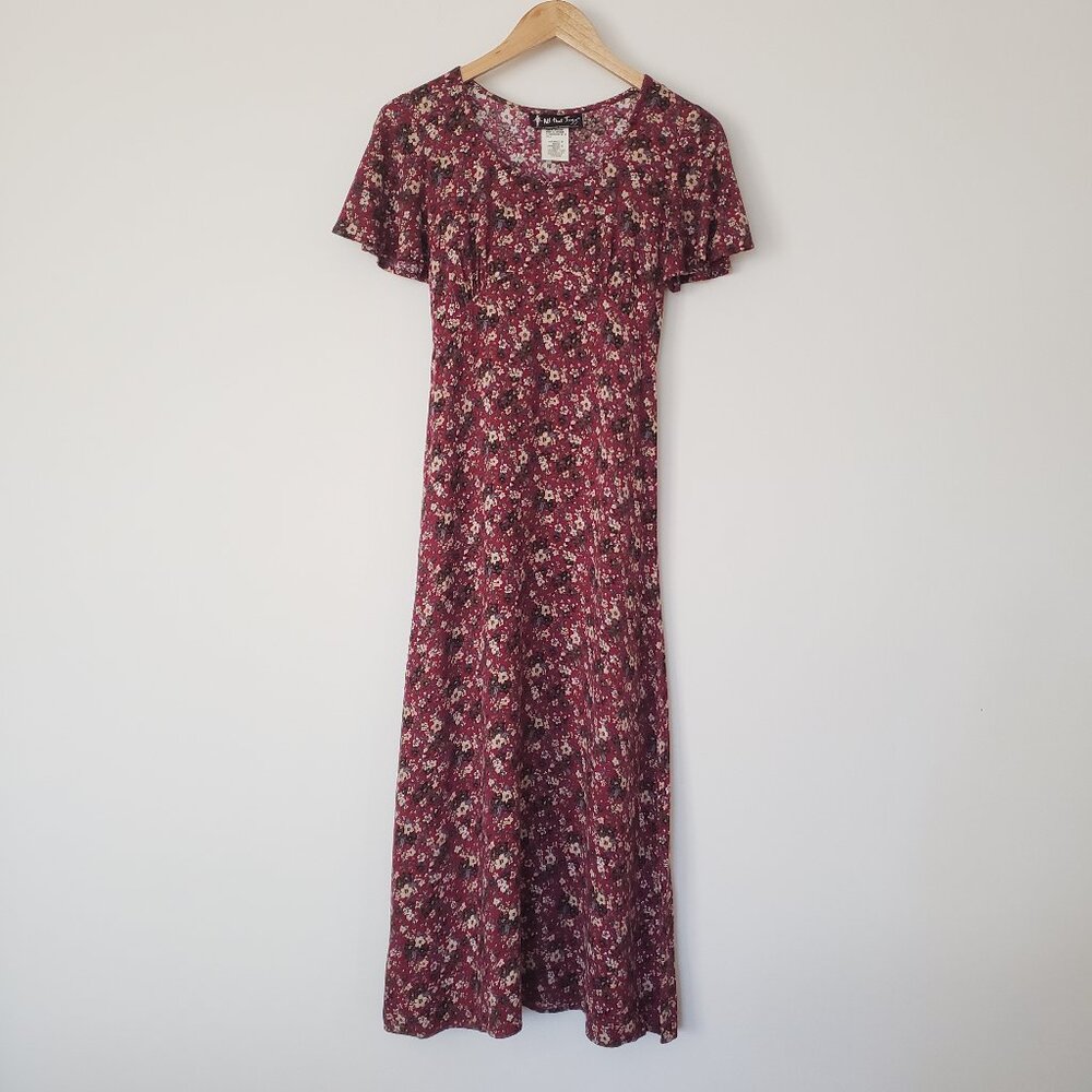 All That Jazz Dark Red Floral Dress Rayon Size 3/4 90's Vintage